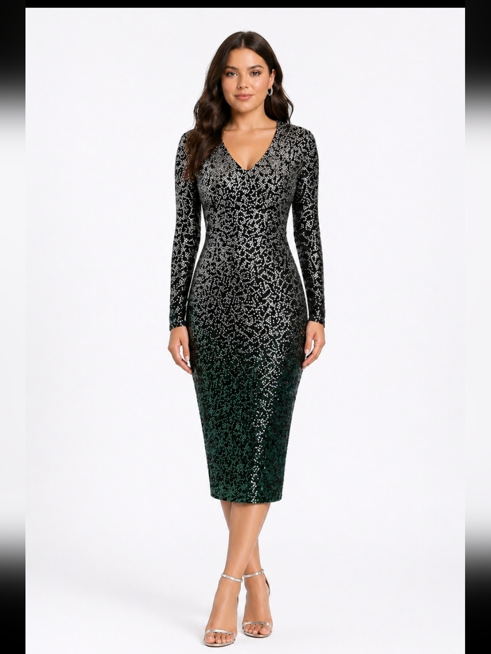 SFIZIO  Black ,Green And Silver Ombre ‎ Sequin Dress